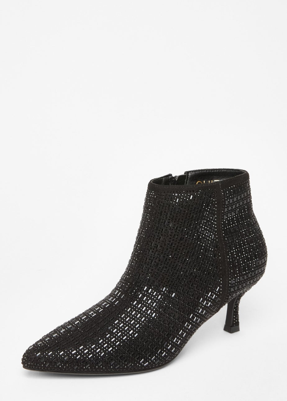 Quiz Black Embellished Flare Heel Boots