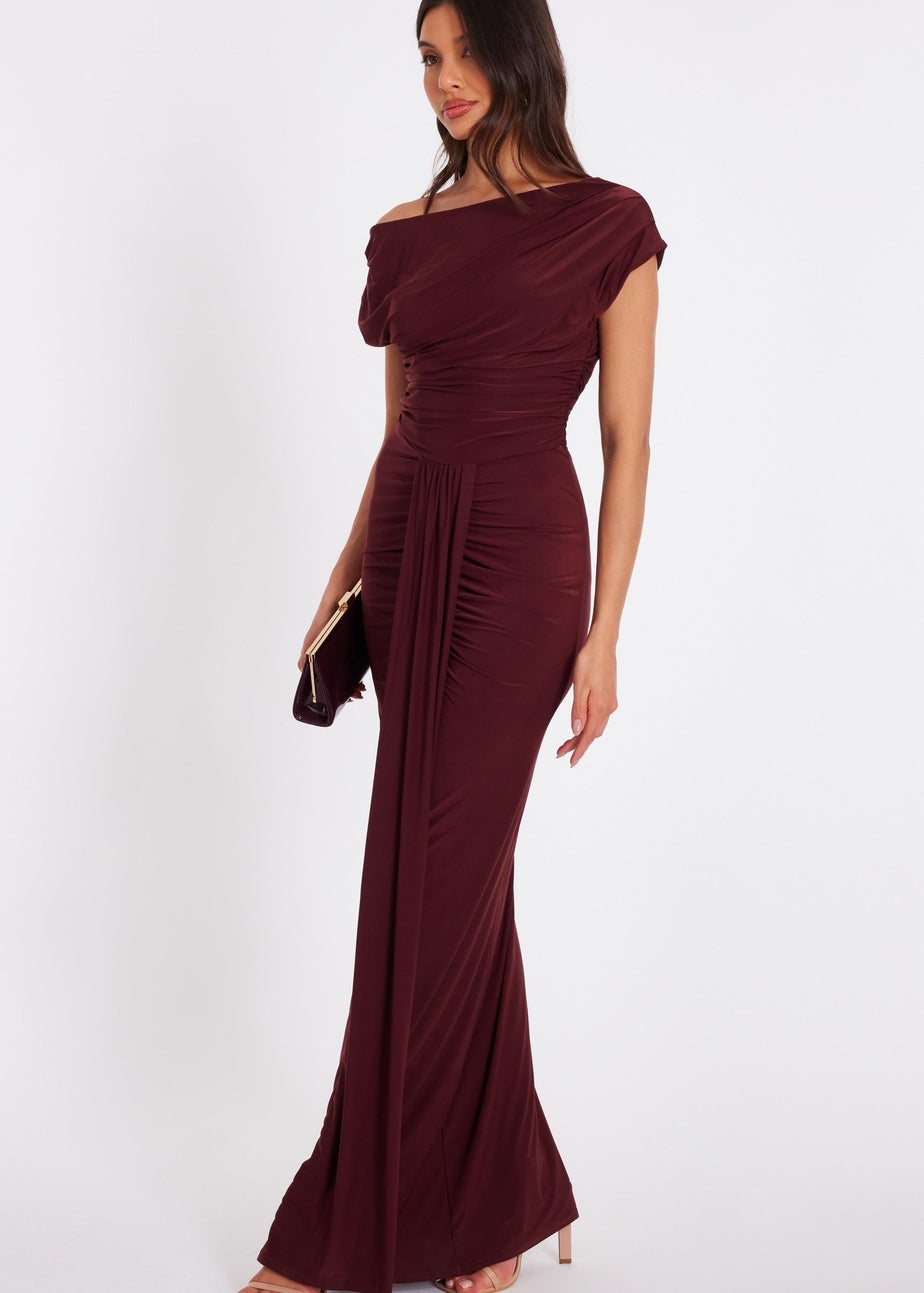 Quiz Burgundy Off Shoulder Ruched Maxi Dress