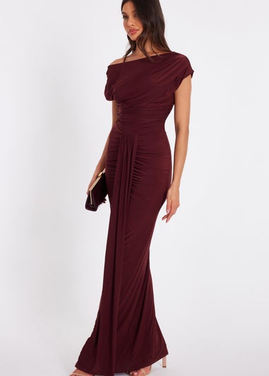 Quiz Burgundy Off Shoulder Ruched Maxi Dress