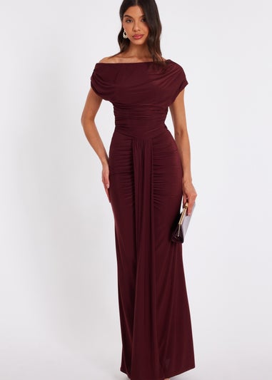 Quiz Burgundy Off Shoulder Ruched Maxi Dress