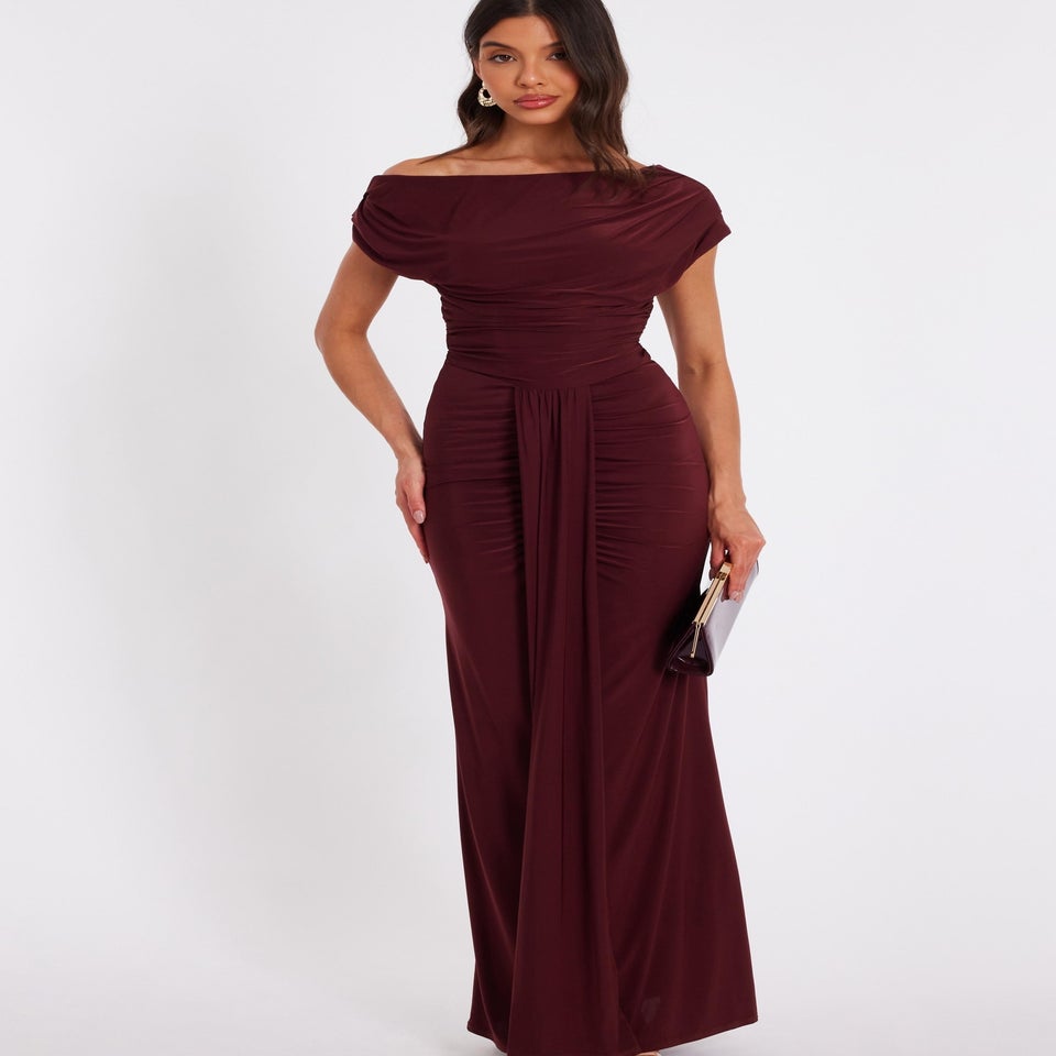 Quiz Burgundy Off Shoulder Ruched Maxi Dress