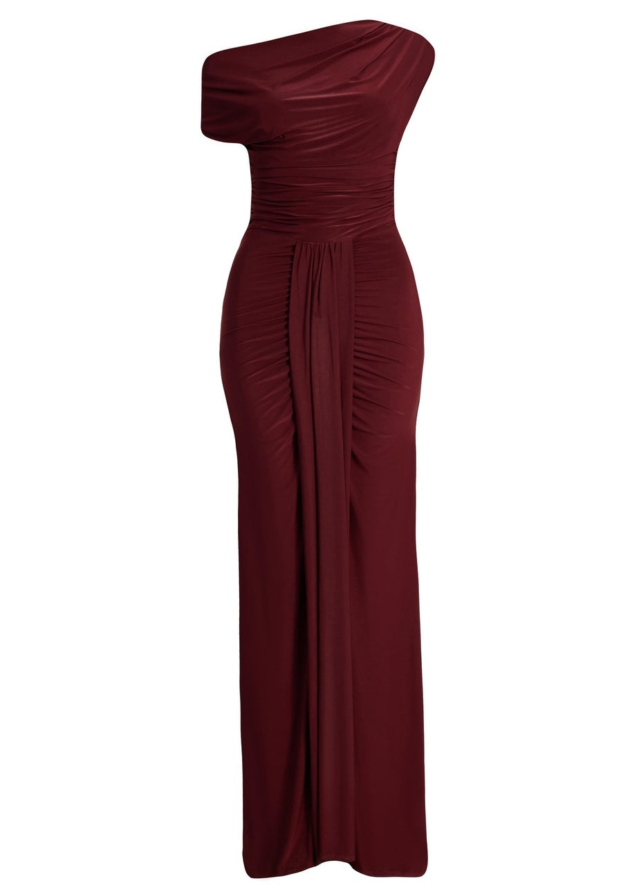 Quiz Burgundy Off Shoulder Ruched Maxi Dress