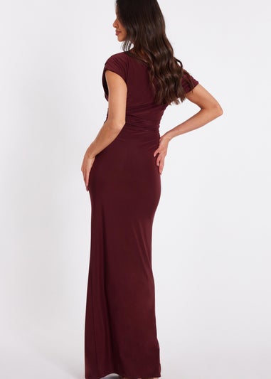 Quiz Burgundy Off Shoulder Ruched Maxi Dress
