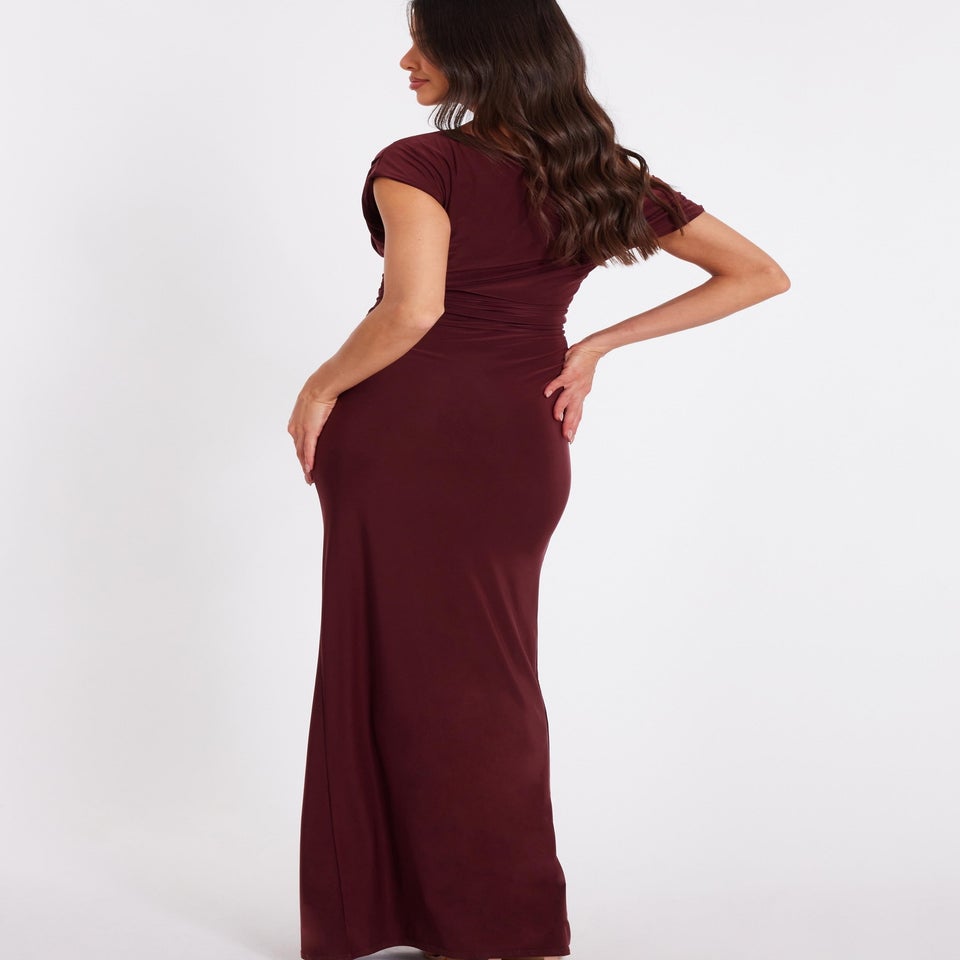 Quiz Burgundy Off Shoulder Ruched Maxi Dress