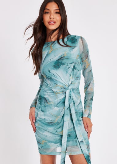 Quiz Green Mesh Marble Print Mini Dress