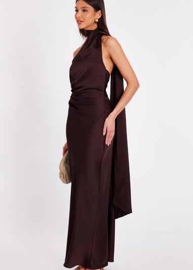 Quiz Brown Satin Wrap Neck Maxi Dress