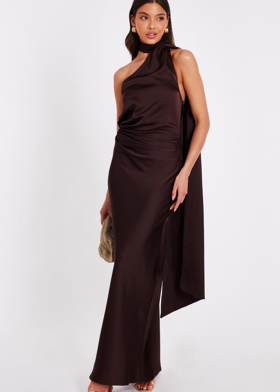 Quiz Brown Satin Wrap Neck Maxi Dress