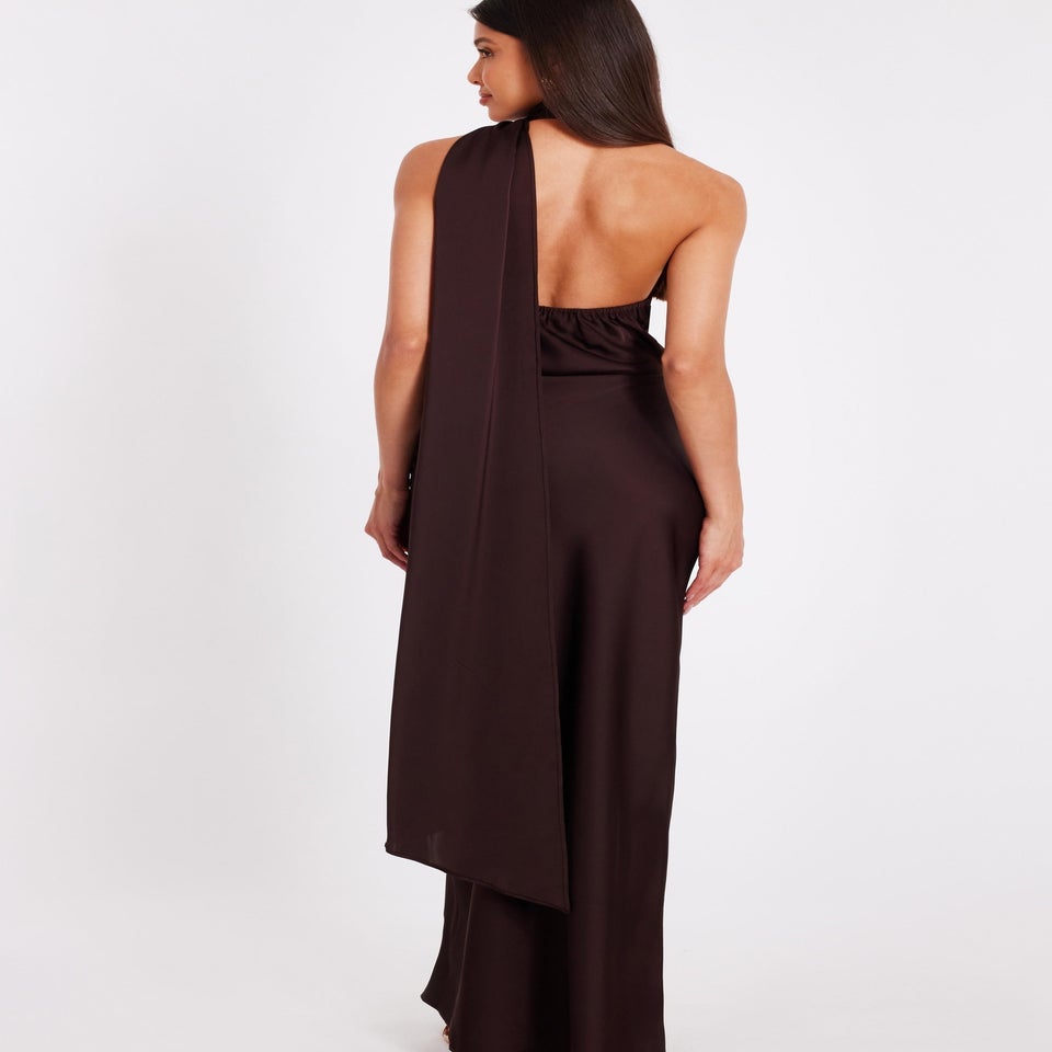 Quiz Brown Satin Wrap Neck Maxi Dress