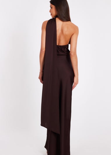 Quiz Brown Satin Wrap Neck Maxi Dress