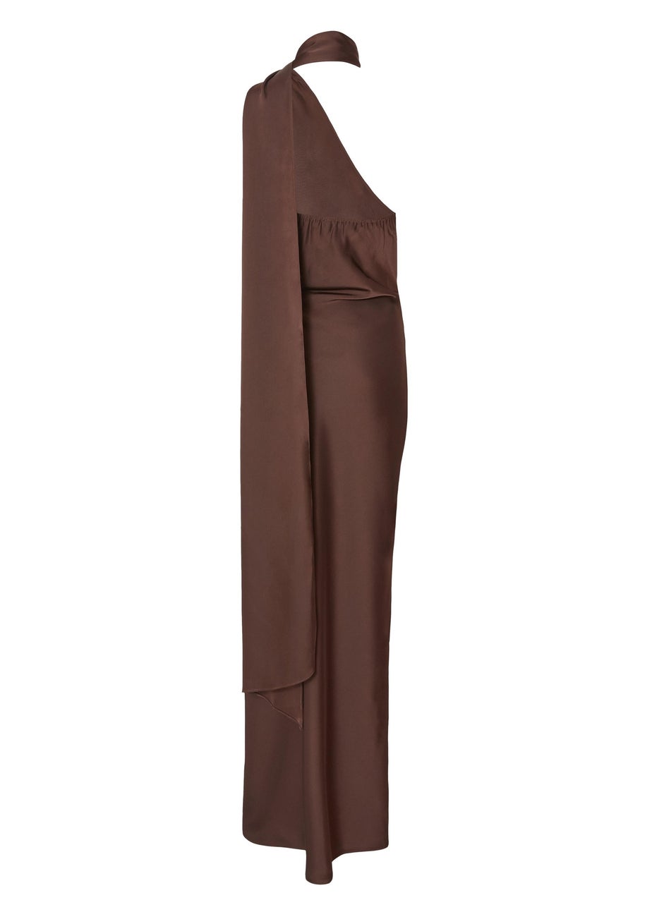 Quiz Brown Satin Wrap Neck Maxi Dress