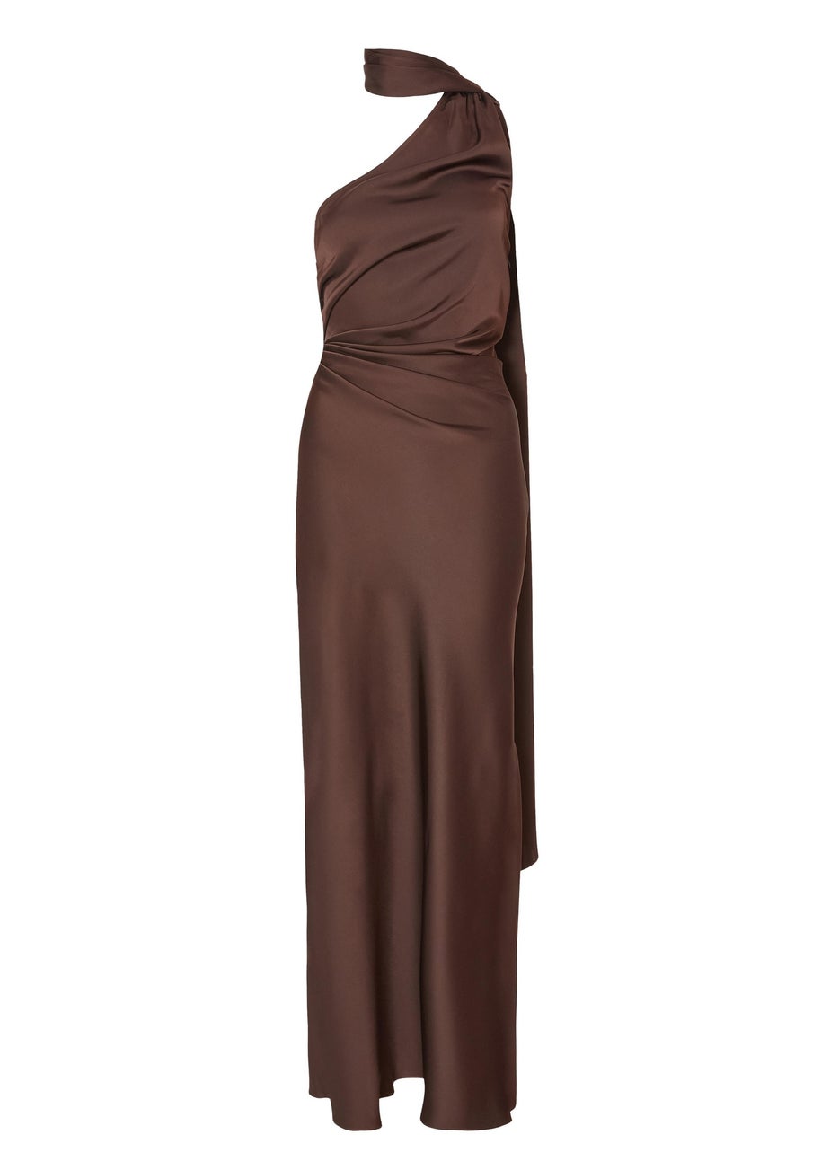 Quiz Brown Satin Wrap Neck Maxi Dress
