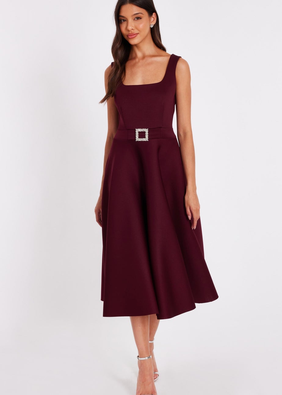 Quiz Burgundy Buckle Front Skater Dress