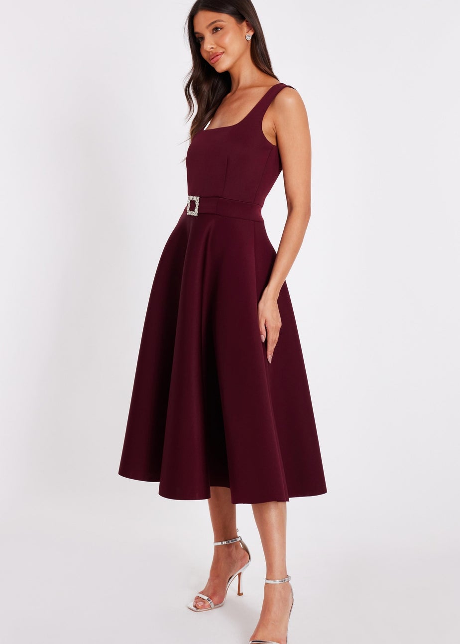 Quiz Burgundy Buckle Front Skater Dress