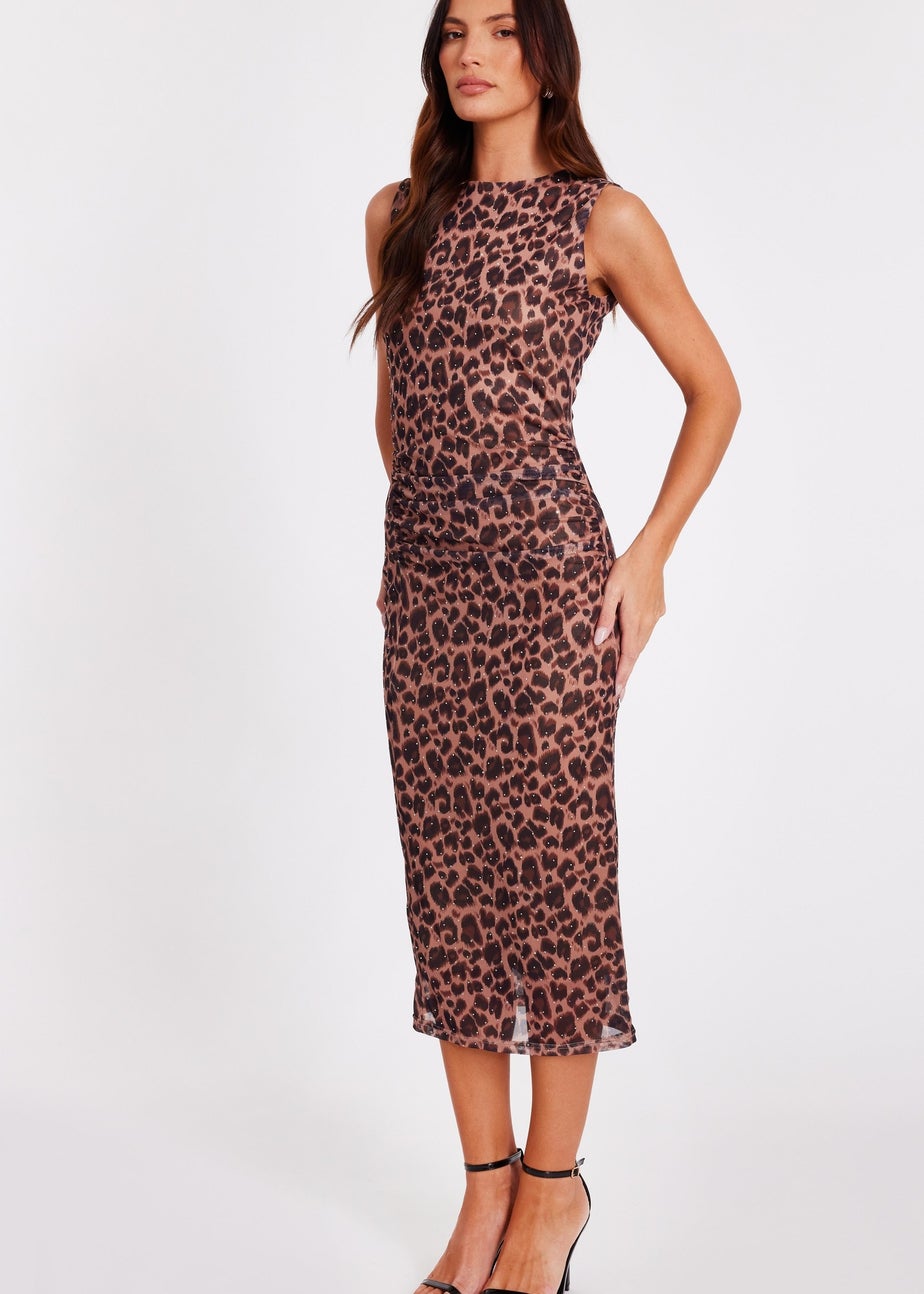 Quiz Brown Mesh Leopard Print Midi Dress