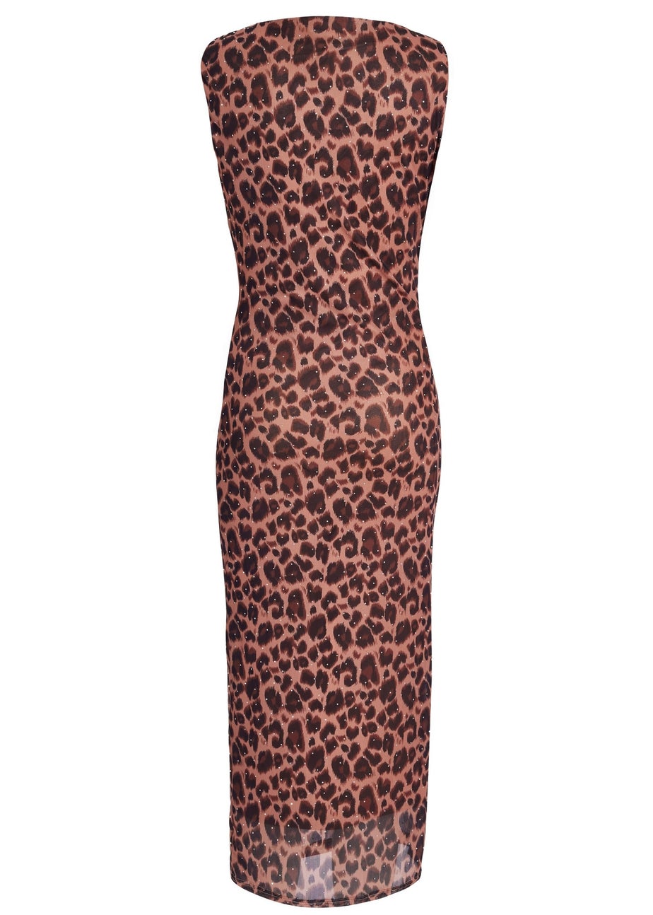 Quiz Brown Mesh Leopard Print Midi Dress