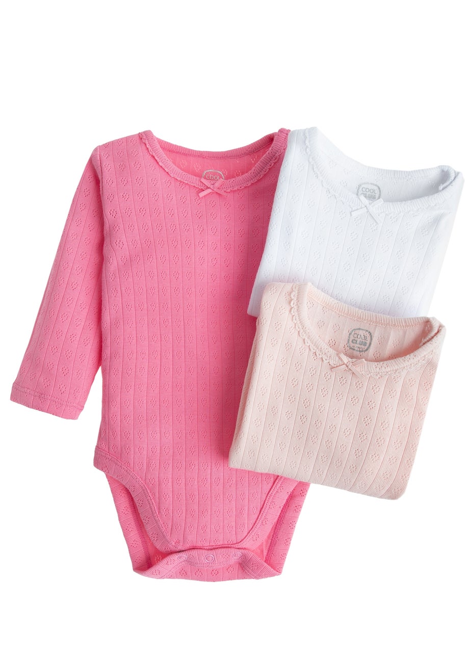 Cool Club Pink Ribbed Long Sleeve Bodysuits with Bow  3-Pack(1-36 mnths)
