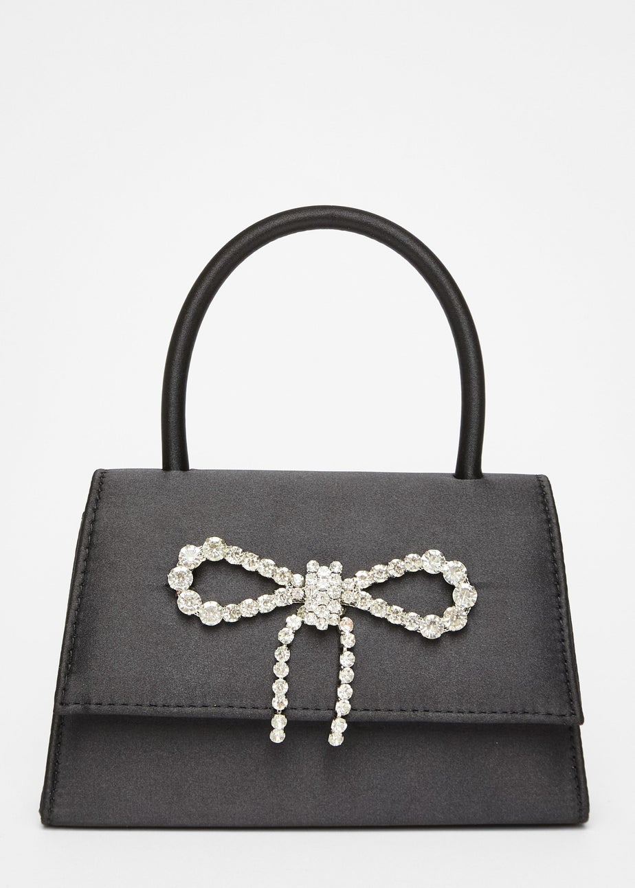 Quiz Black Diamante Bow Top Handle Bag