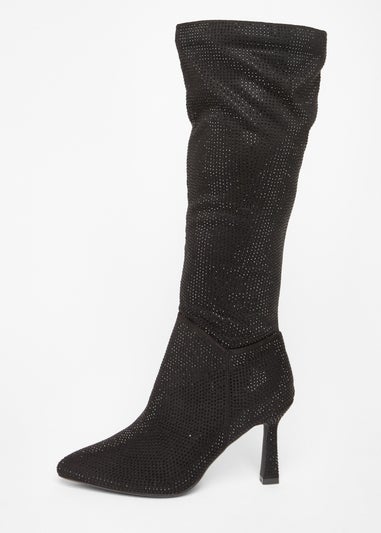 Quiz Black Diamante Knee High Boot