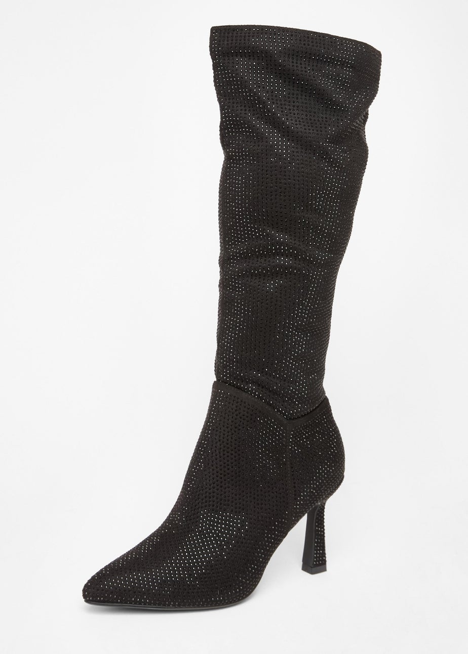 Quiz Black Diamante Knee High Boot