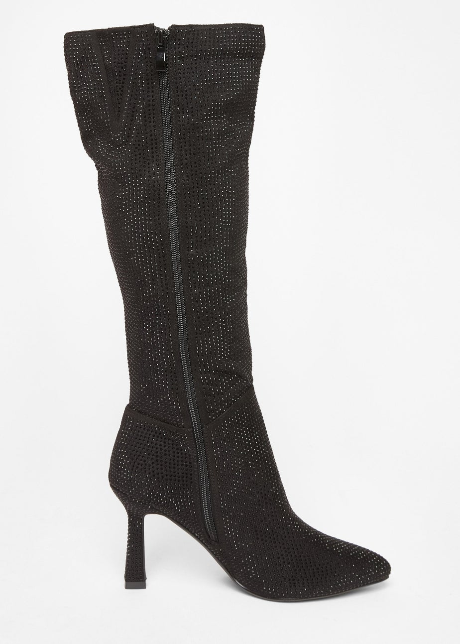 Quiz Black Diamante Knee High Boot