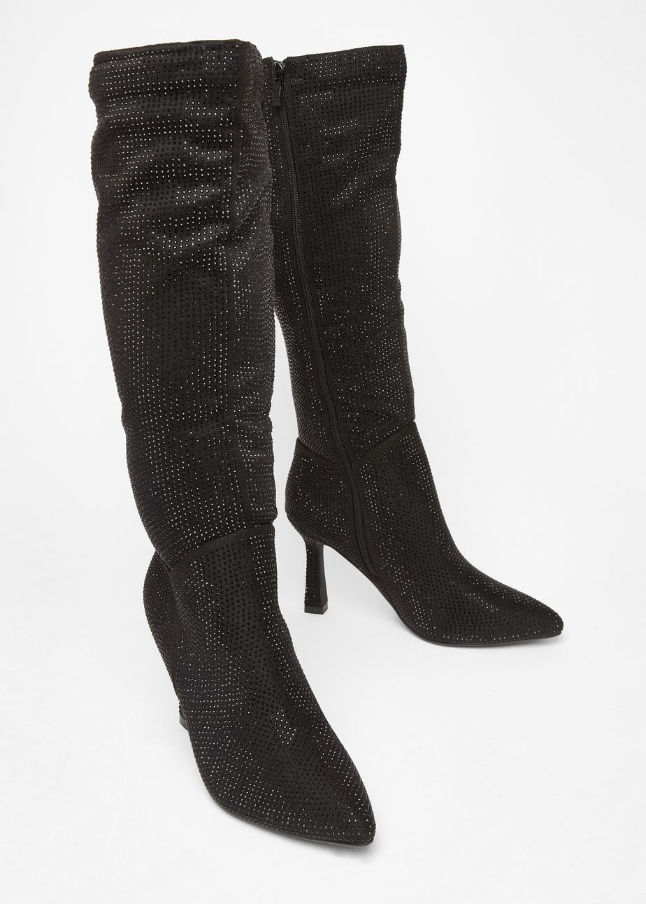 Quiz Black Diamante Knee High Boot