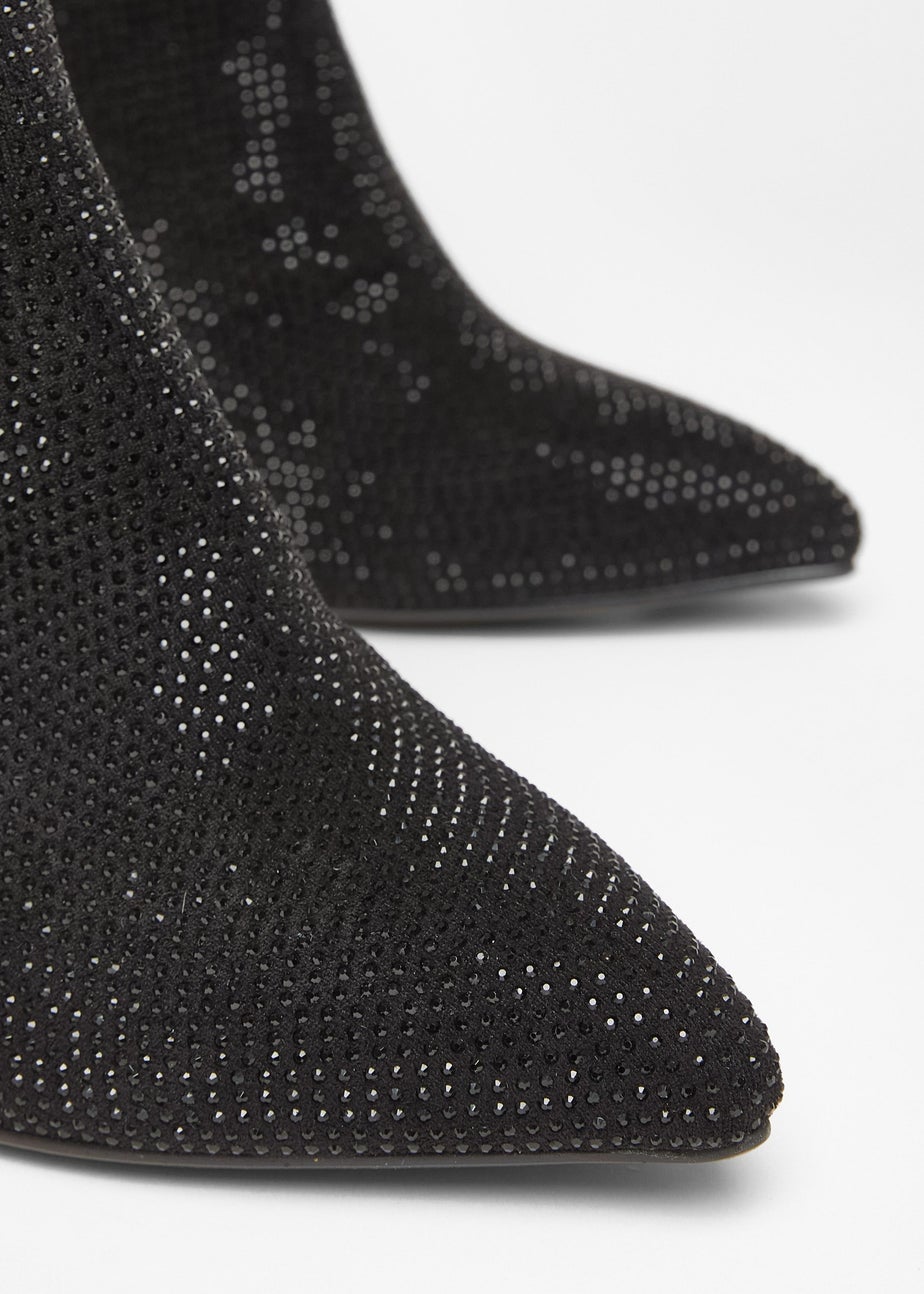 Quiz Black Wide Fit Diamante Heeled Boot