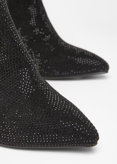 Quiz Black Wide Fit Diamante Heeled Boot