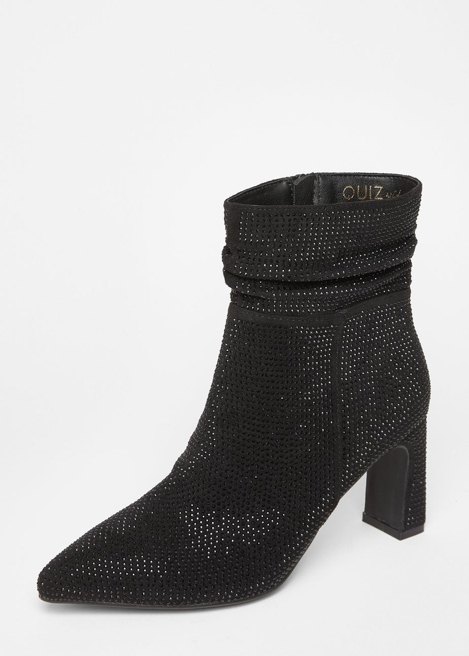 Quiz Black Wide Fit Diamante Heeled Boot