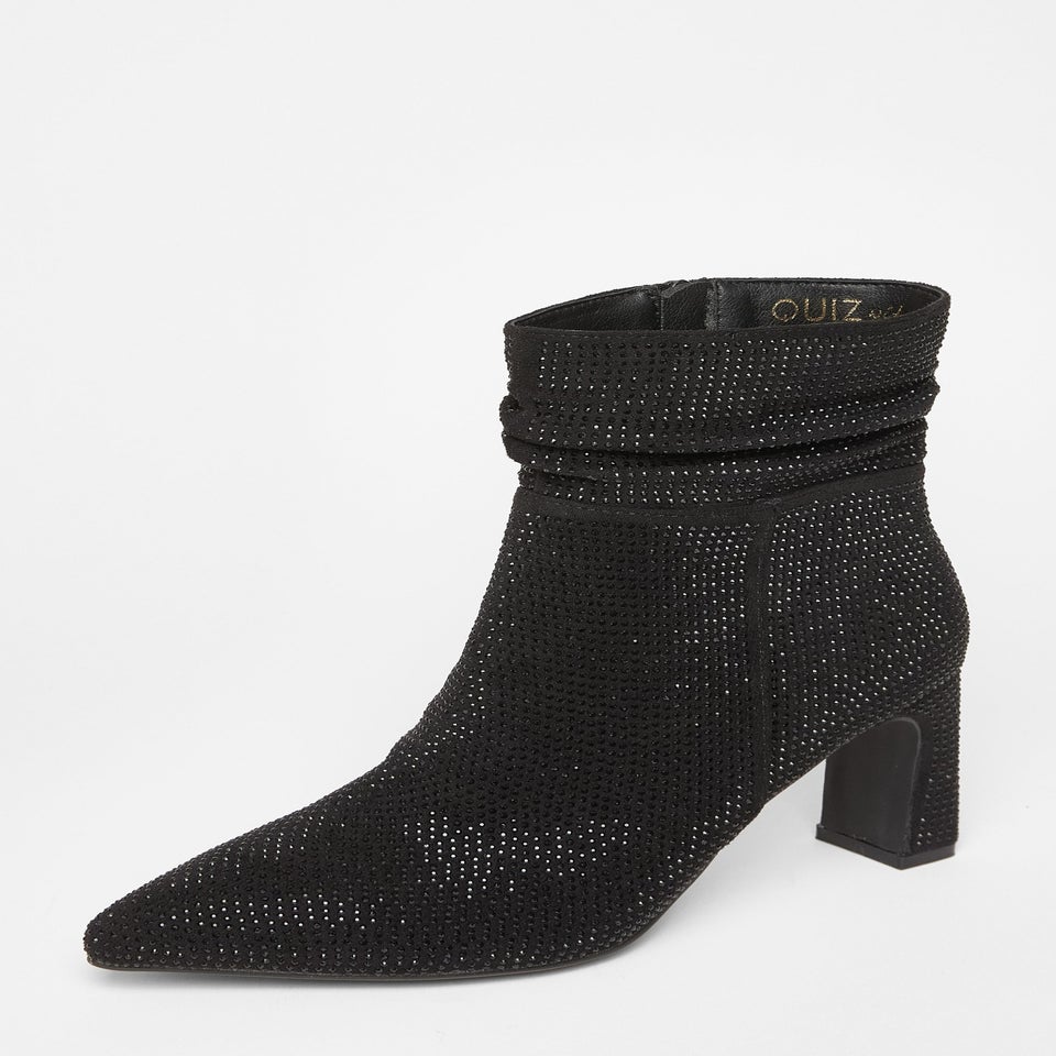 Quiz Black Wide Fit Diamante Heeled Boot