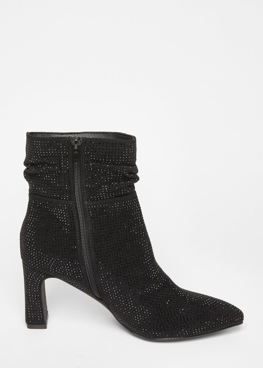 Quiz Black Wide Fit Diamante Heeled Boot