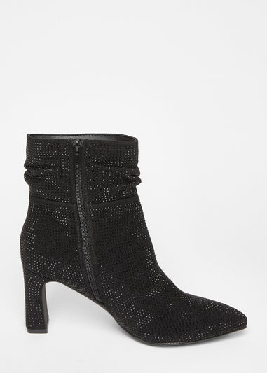 Quiz Black Wide Fit Diamante Heeled Boot