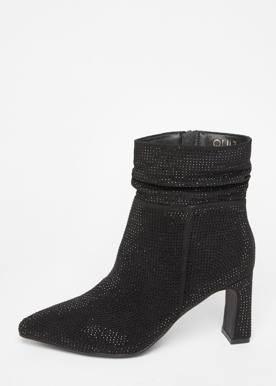 Quiz Black Wide Fit Diamante Heeled Boot