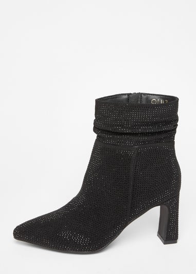 Quiz Black Wide Fit Diamante Heeled Boot