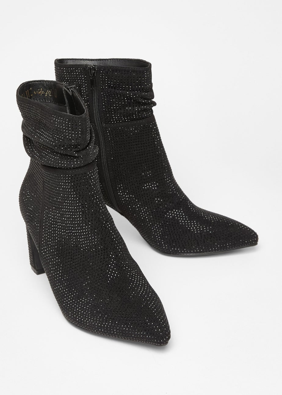 Quiz Black Wide Fit Diamante Heeled Boot