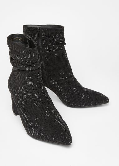 Quiz Black Wide Fit Diamante Heeled Boot