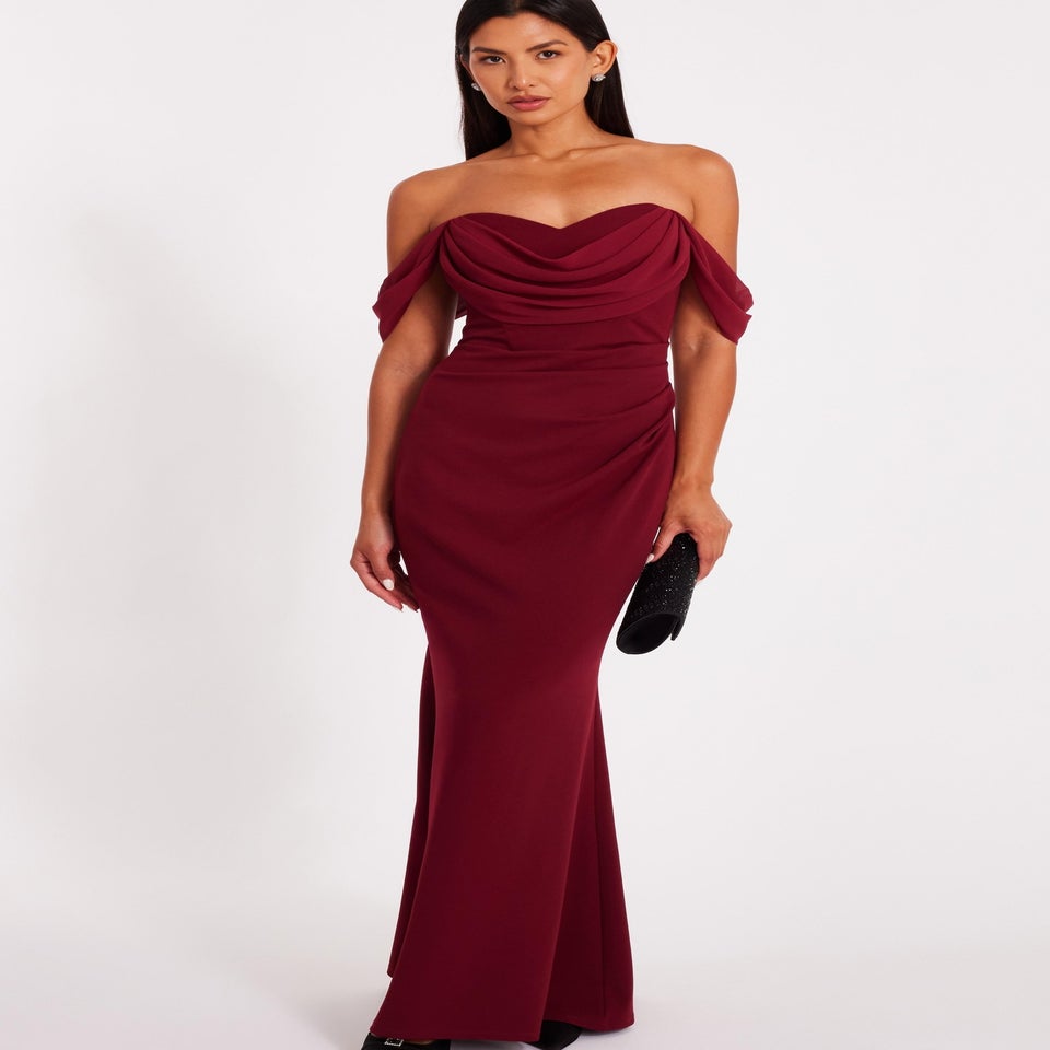 Quiz Burgundy Chiffon Bardot Maxi Dress