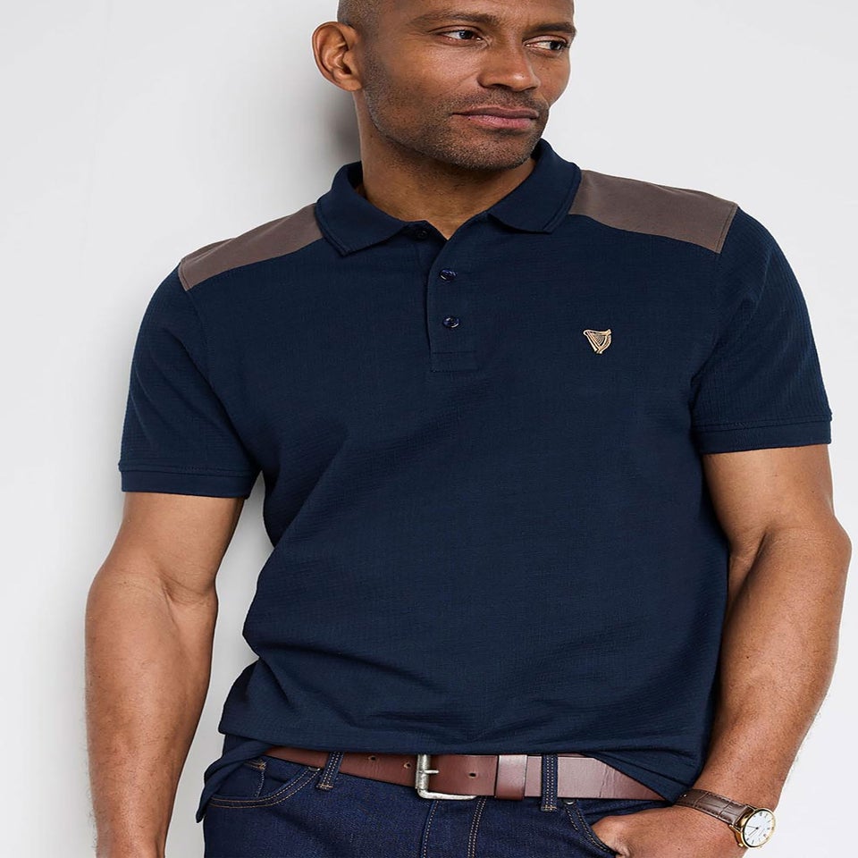 Cotton Traders Navy Guinness TM 1/2 Short Sleeve Textured Panelled Polo Shirt