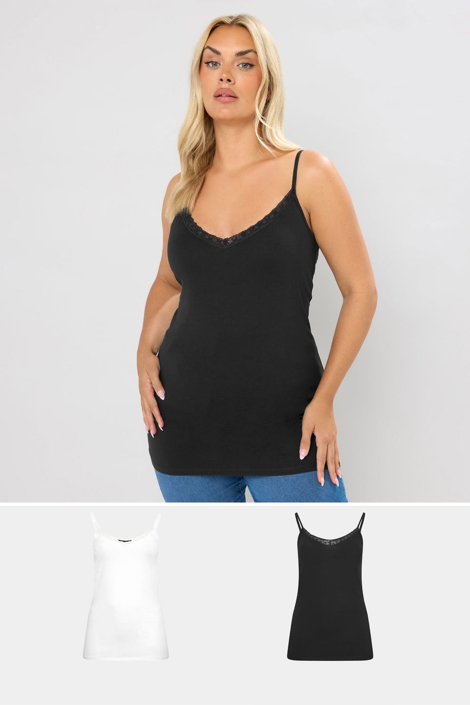 Yours 2 Pack Curve Black & White Lace Cami Tops