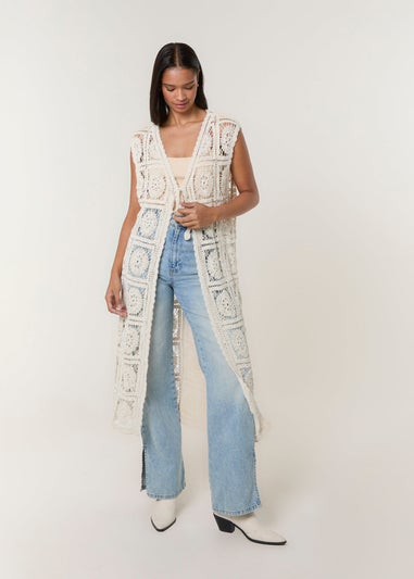 Blue Vanilla Beige Crochet Detailed Tie Front Cardigan