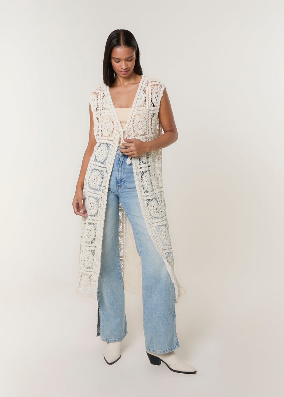 Blue Vanilla Beige Crochet Detailed Tie Front Cardigan