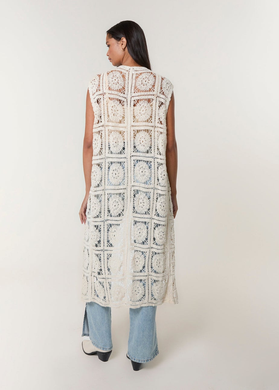 Blue Vanilla Beige Crochet Detailed Tie Front Cardigan