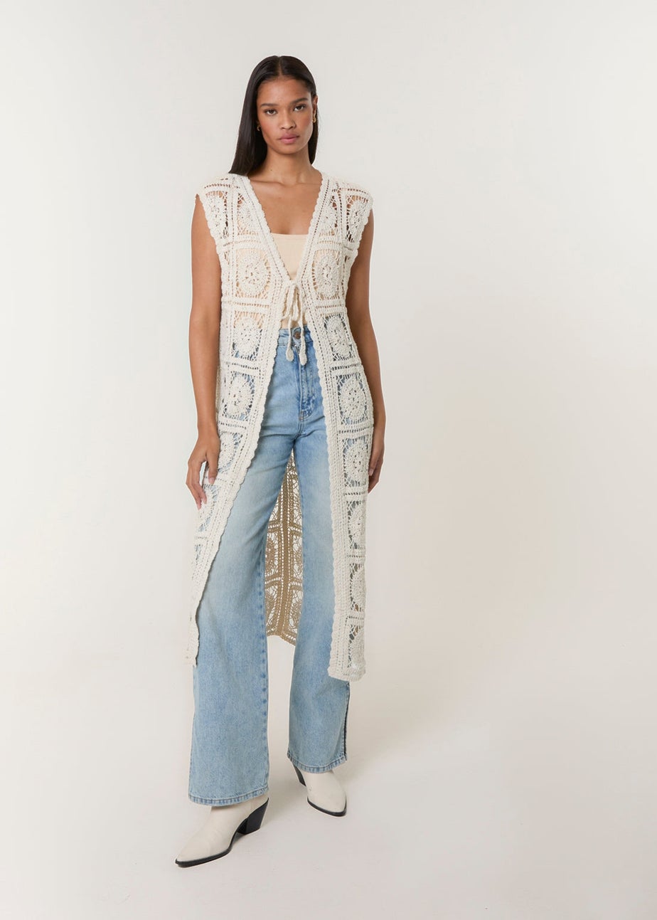 Blue Vanilla Beige Crochet Detailed Tie Front Cardigan