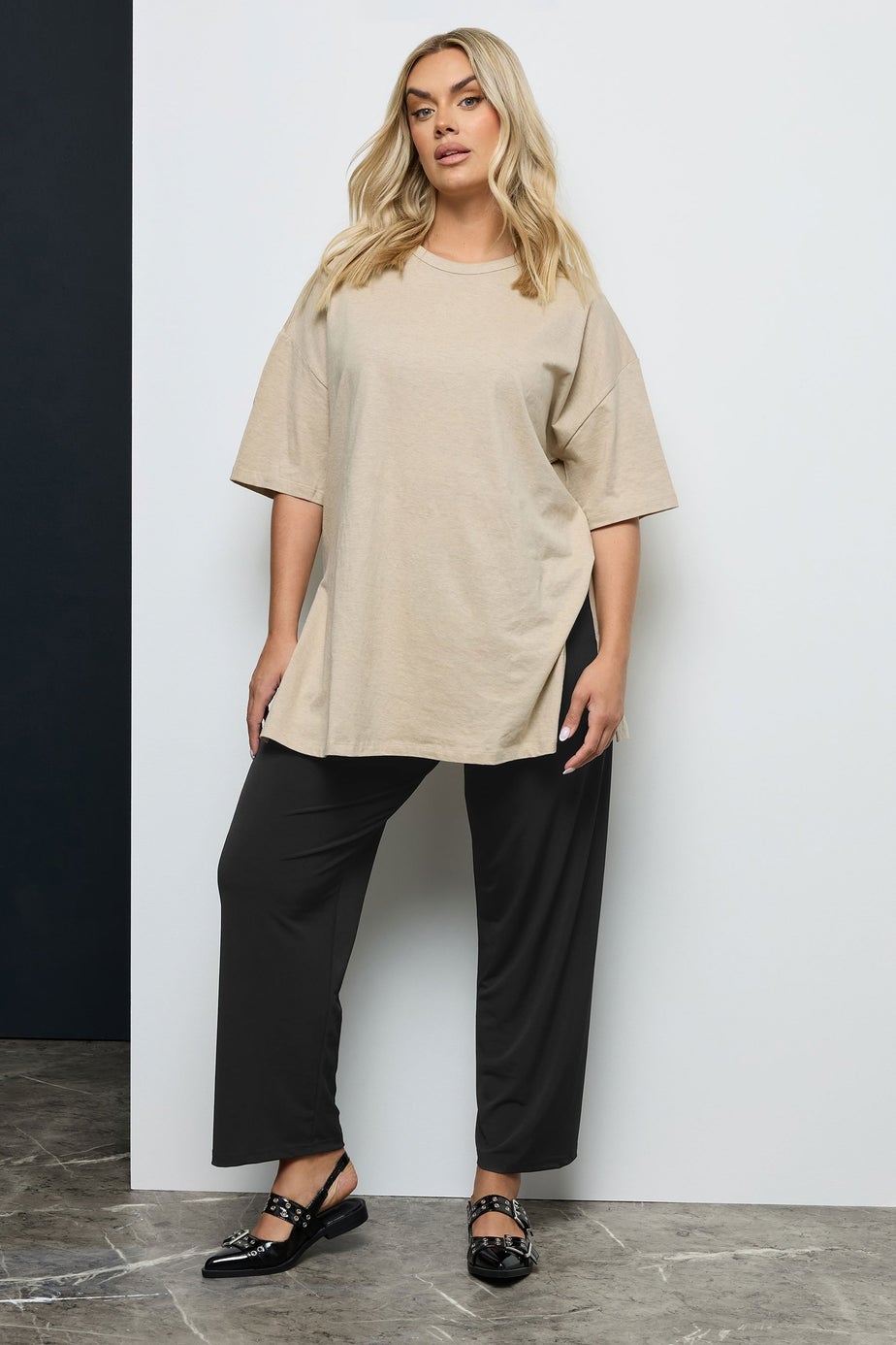 Yours Curve Black Pull On Wide Leg Stretch Trousers