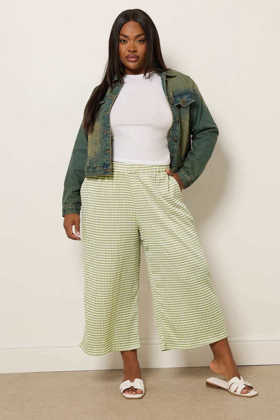 Yours Curve Green Gingham Textured Midaxi Culottes