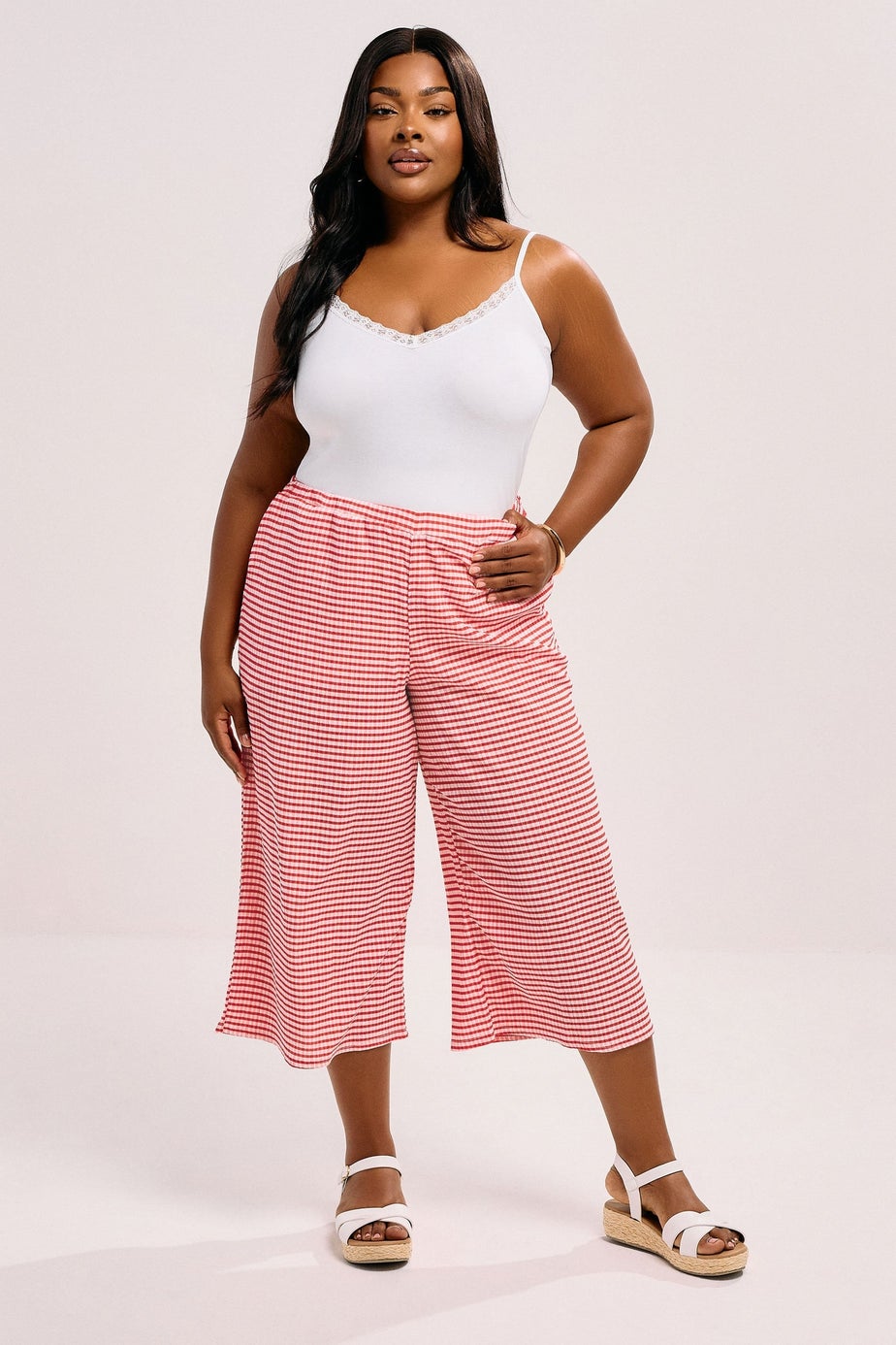 Yours Curve Red Gingham Textured Midaxi Culottes