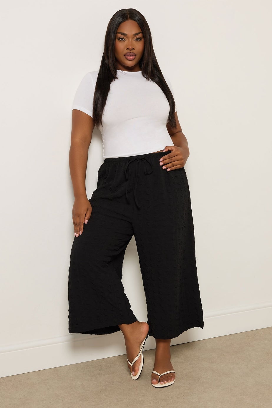 Yours Curve Black Textured Tie Waist Culottes