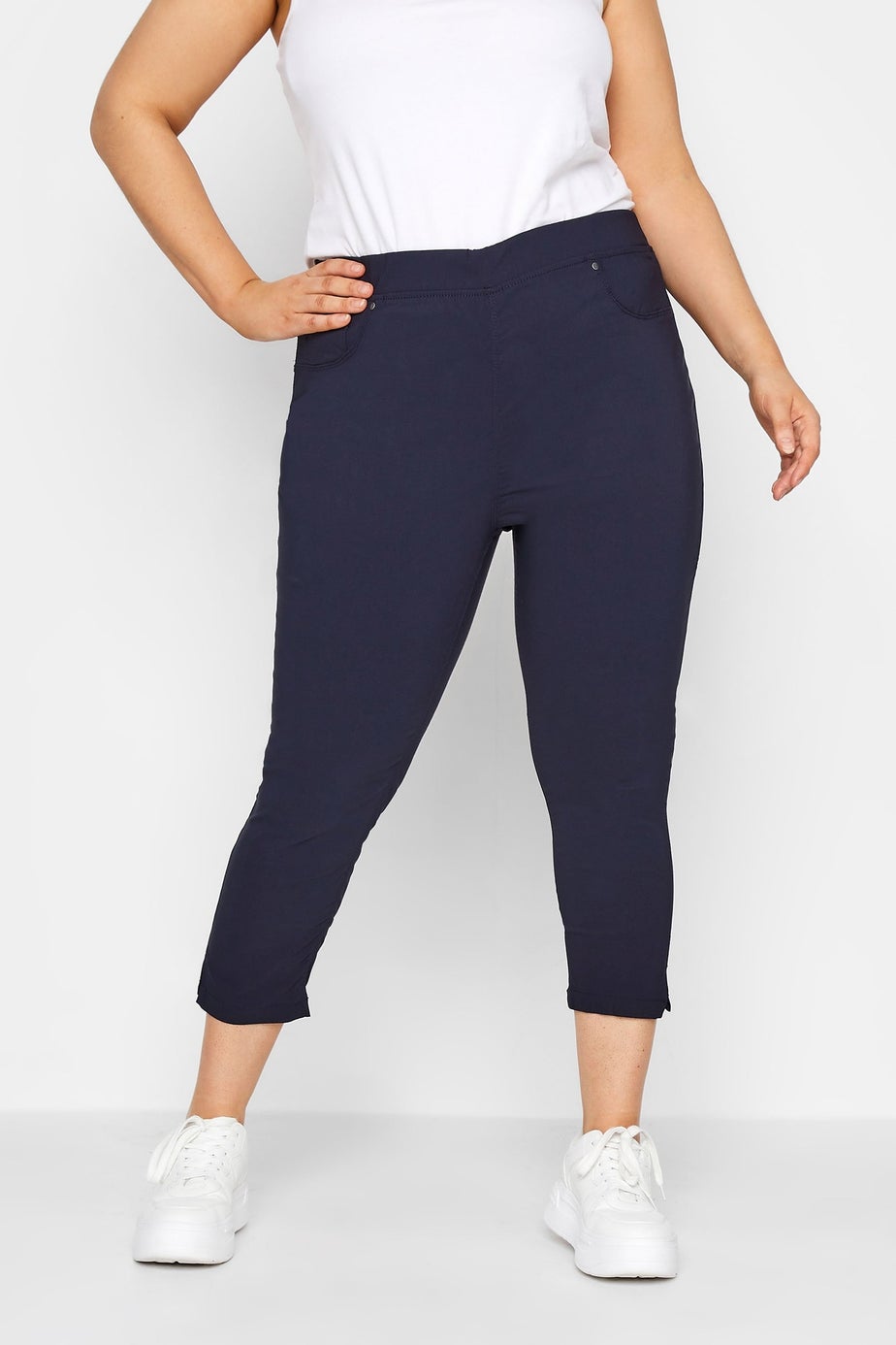 Yours Curve Navy Blue Bengaline Stretch Cropped Pull On Trousers