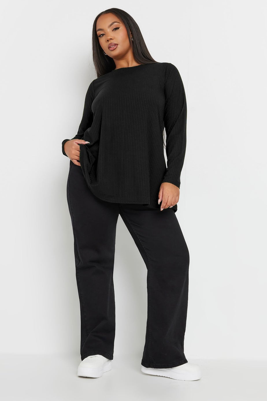 Yours Curve Black Long Sleeve Ribbed Swing Top