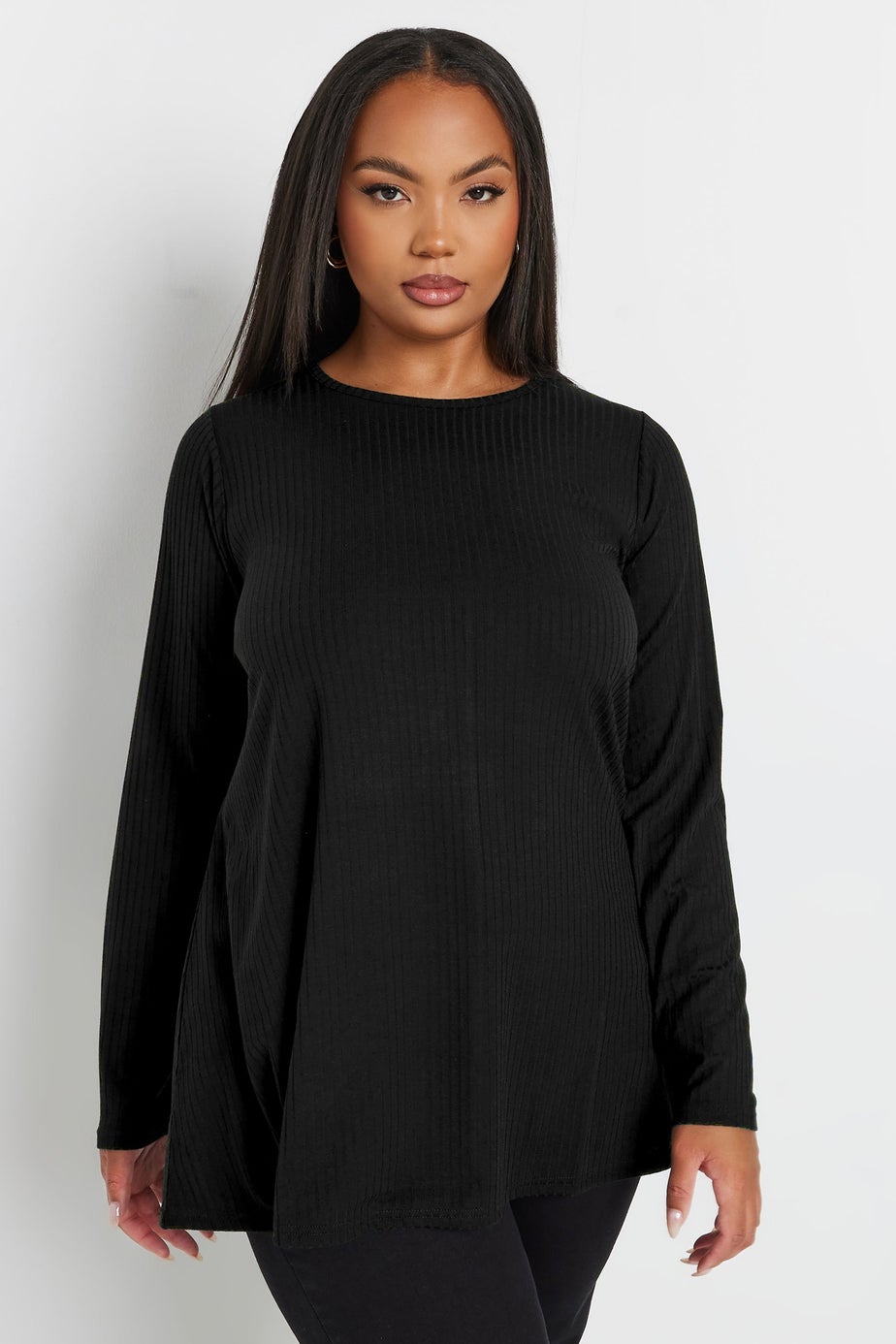 Yours Curve Black Long Sleeve Ribbed Swing Top