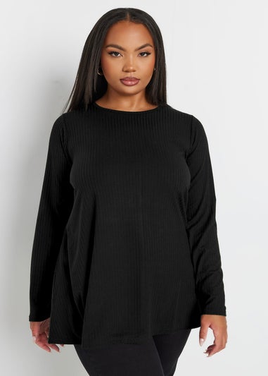 Yours Curve Black Long Sleeve Ribbed Swing Top